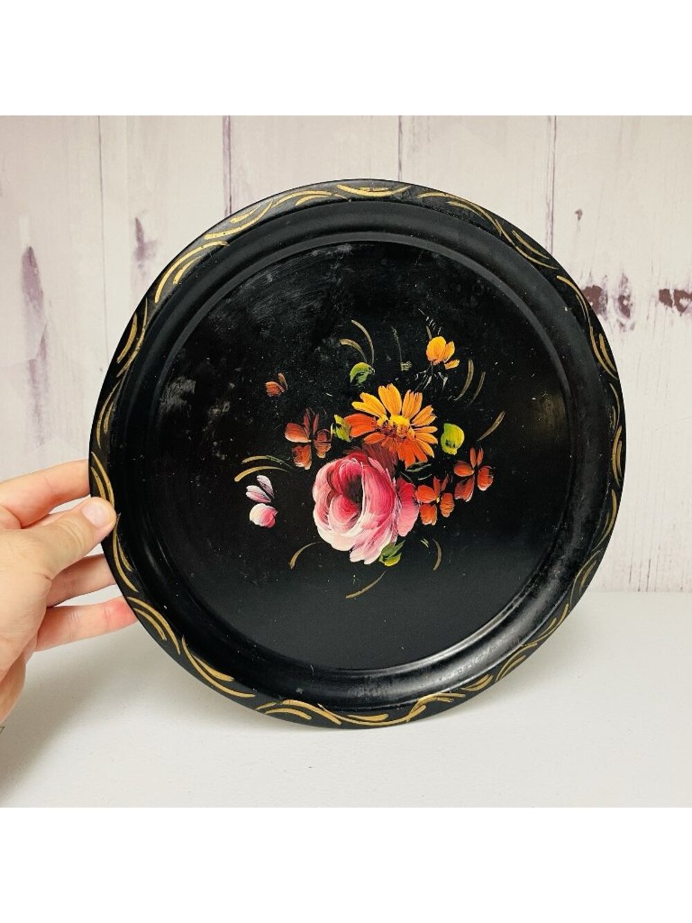 Vintage Nashco Tole Tray Black Hand Painted Floral Round 13"